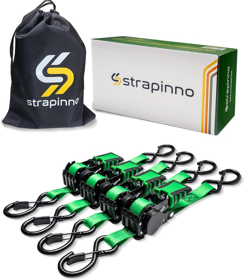 Strapinno 4pcs Retractable Ratchet Straps Bundle 1in x 6ft Ratchet Tie Down with Rubber Coated Steel Handle, S Hooks, Breaking Strength 1500 lbs Each (Green Strap, Black Coated) - Image 1